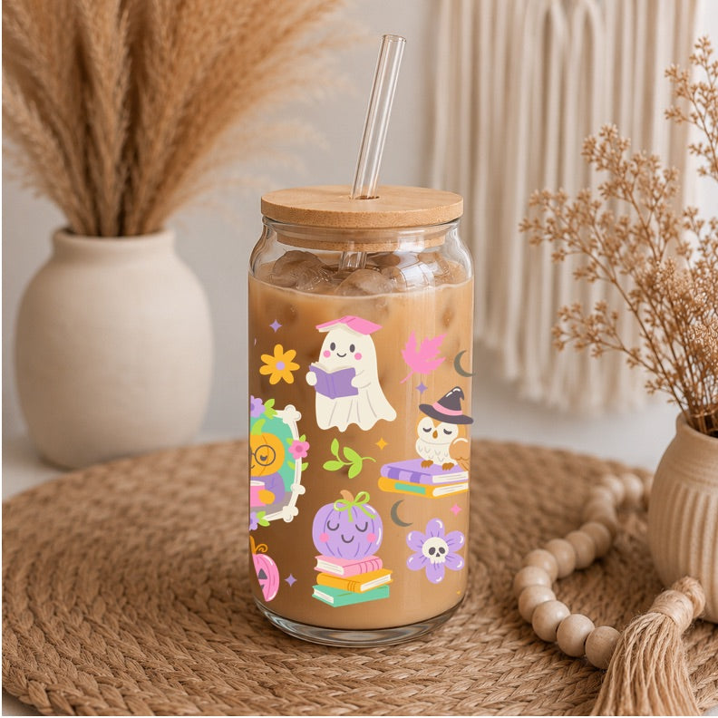 Cute Spooky Book Club Libbey Glass | 16oz Iced Coffee Glass | Ghost Reading Glass Can | Halloween Coffee Cup | Bamboo Lid & Glass Straw