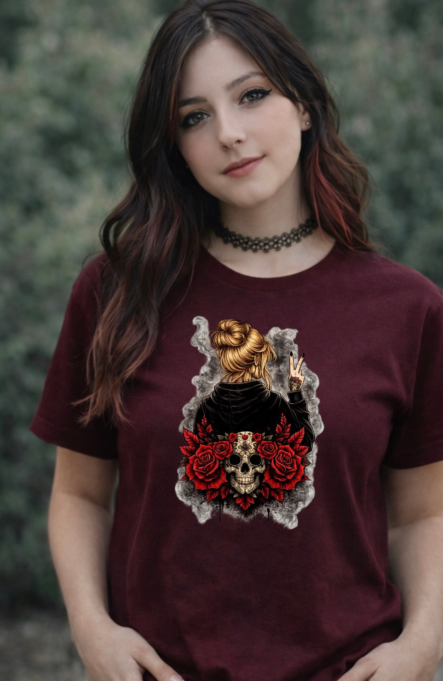 Gothic Skull & Red Roses Graphic T-Shirt – Alternative Peace Sign Girl Unisex Tee -Tattoo-Style Shirt