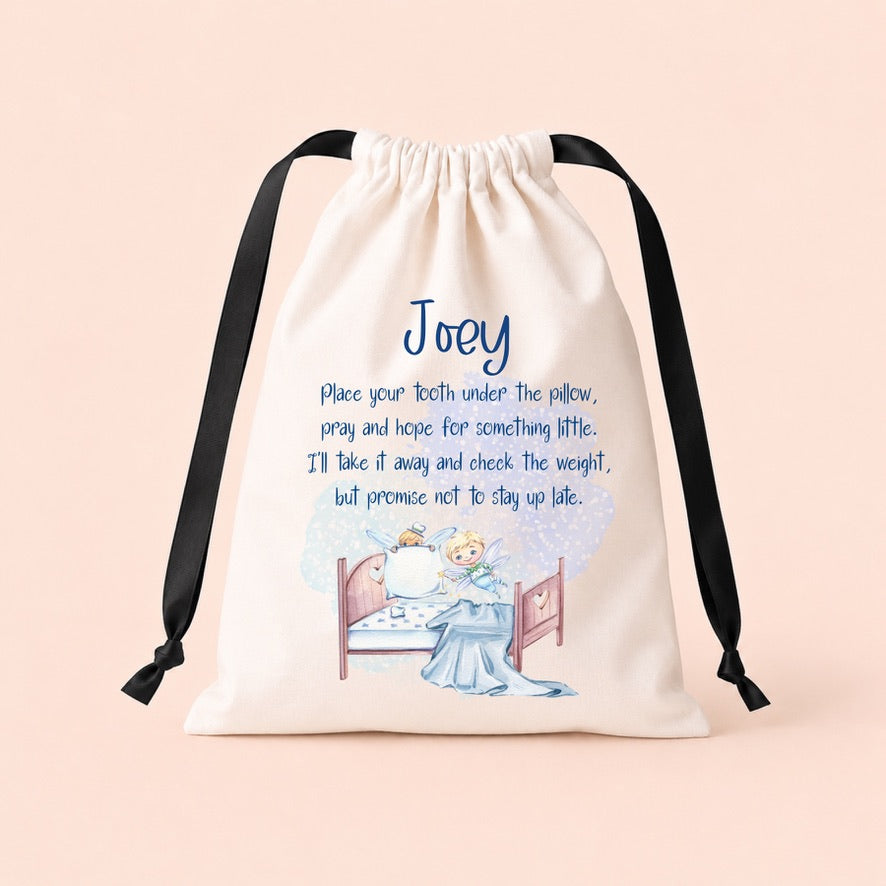 Personalised Blue Tooth Fairy Bed Drawstring Bag | Custom Tooth Fairy Keepsake Bag | Personalised Lost Tooth Bag | Tooth Fairy Gift | Children's Tooth Pillow Alternative