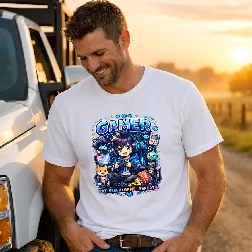 Gamer Anime Graphic T-Shirt – “Eat Sleep Game Repeat” Gaming Tee - Anime Gamer Streetwear Shirt