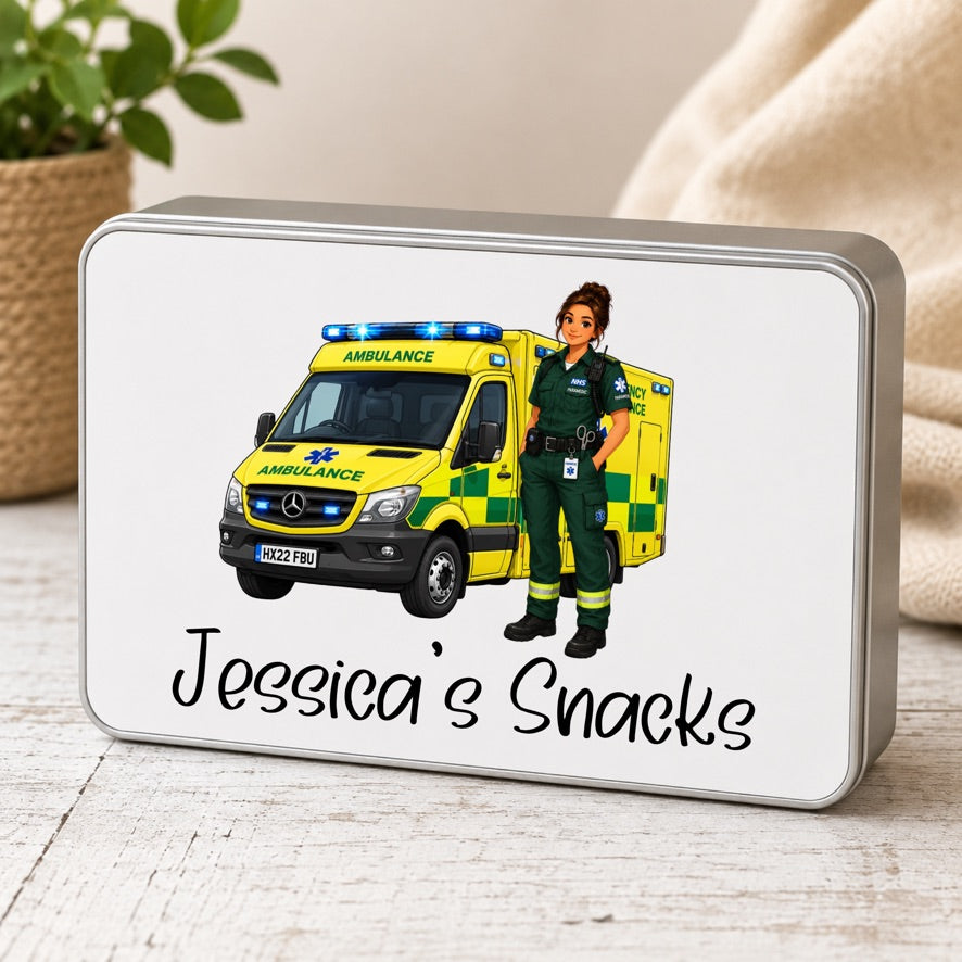 Personalised Female Paramedic Snack Tin | Custom Paramedic Treat Tin | Ambulance Service Gift | Personalised Biscuit Tin | EMS Snack Box | Gift for Paramedic