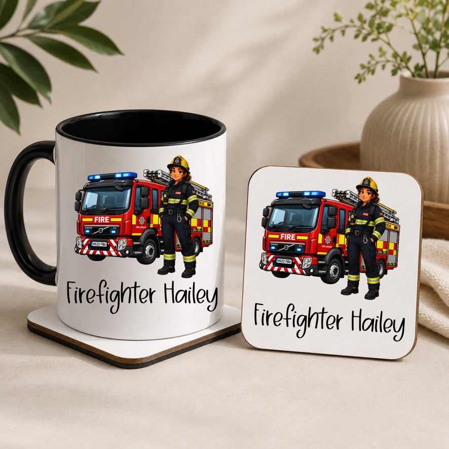 Personalised Female Firefighter Mug & Coaster Gift Set | Firefighter Gift | Fire Service Mug | Custom Fire Engine Gift