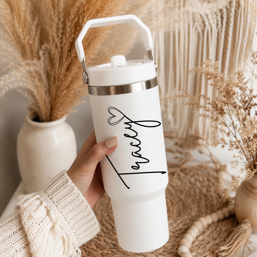 Personalised Name Heart Travel Tumbler with Handle | Custom Name Insulated Cup | Reusable Travel Mug | Stainless Steel Tumbler | Gift for Her