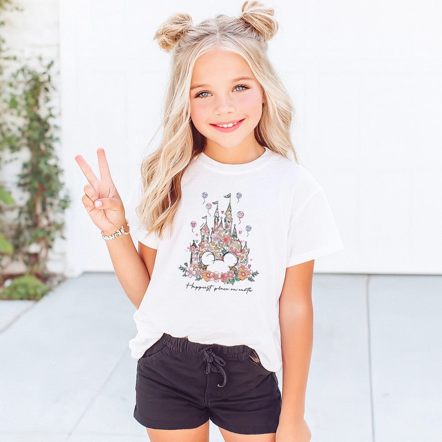 Flower Castle Happiest Place On Earth Disney Kids T-Shirt | Disney Everyday Tee | Disney Outfit
