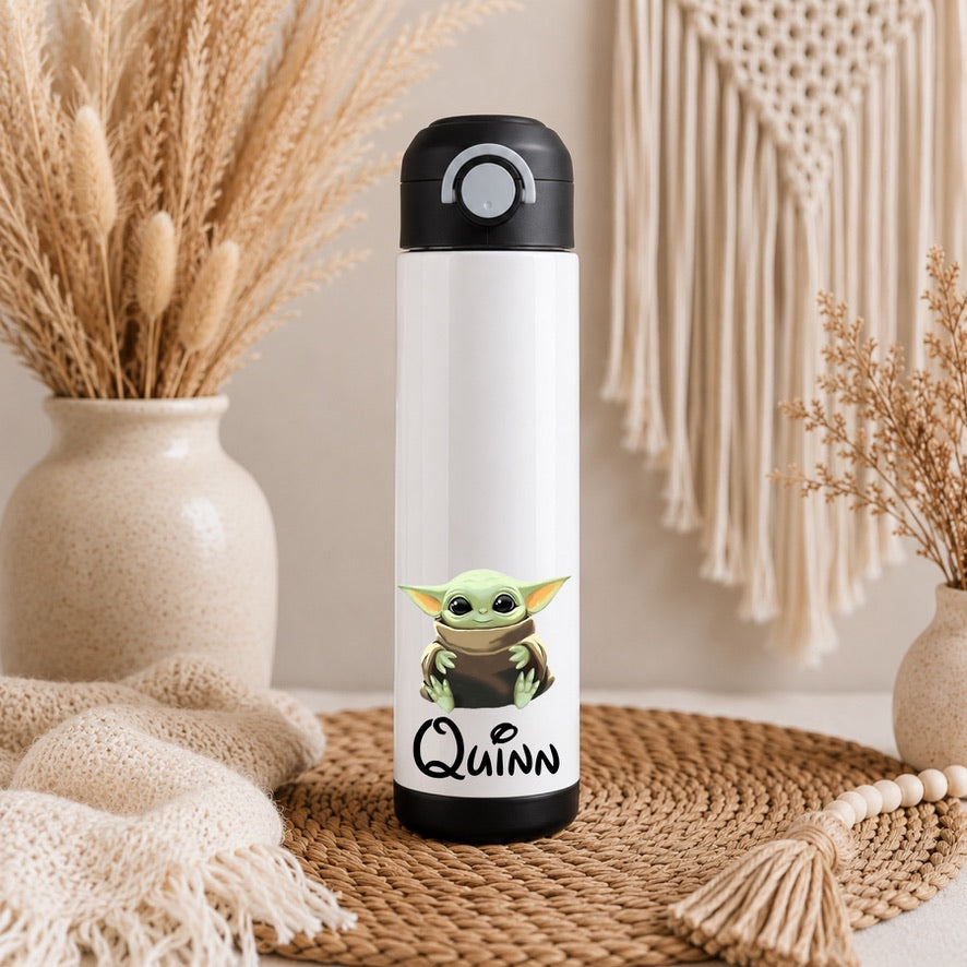 Personalised Baby Yoda Water Bottle with Straw Lid | Custom Name Water Bottle | Reusable Drinks Bottle | School Bottle | Gym Bottle | Travel Bottle