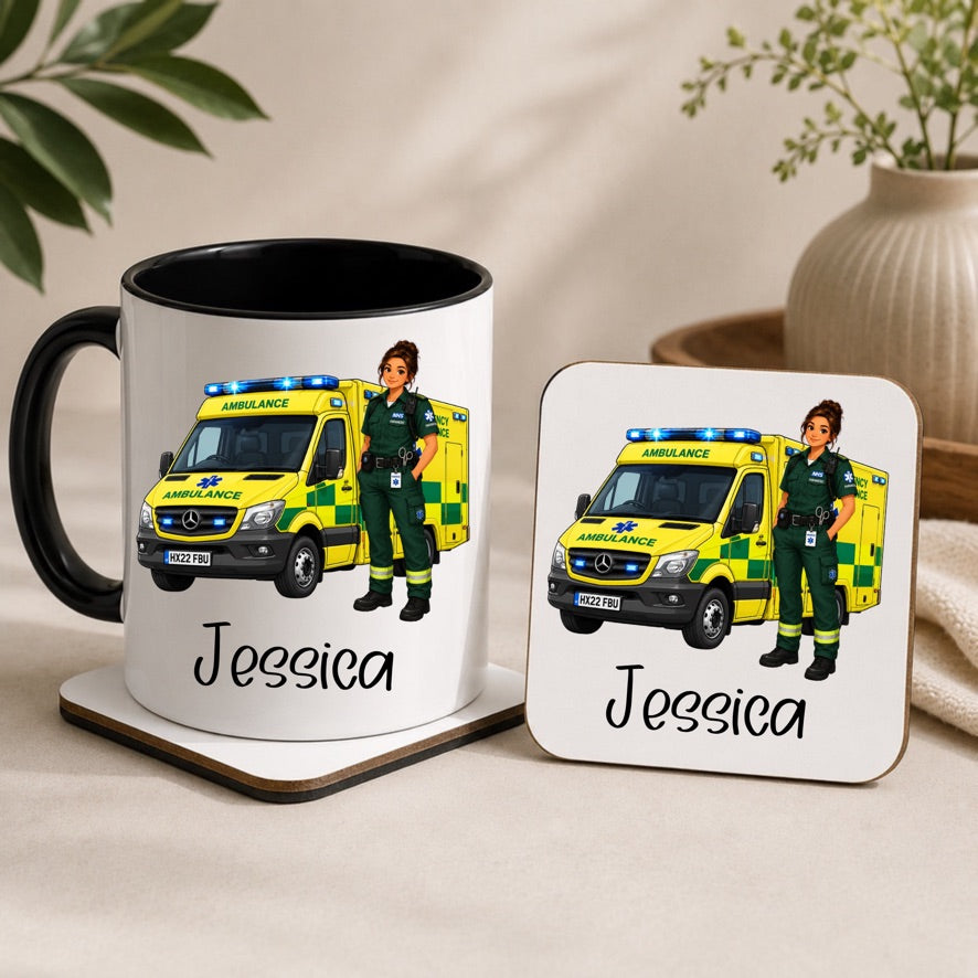 Personalised Female Paramedic Mug & Coaster Gift Set | NHS Paramedic Gift | Ambulance Service Mug | Custom Name Gift