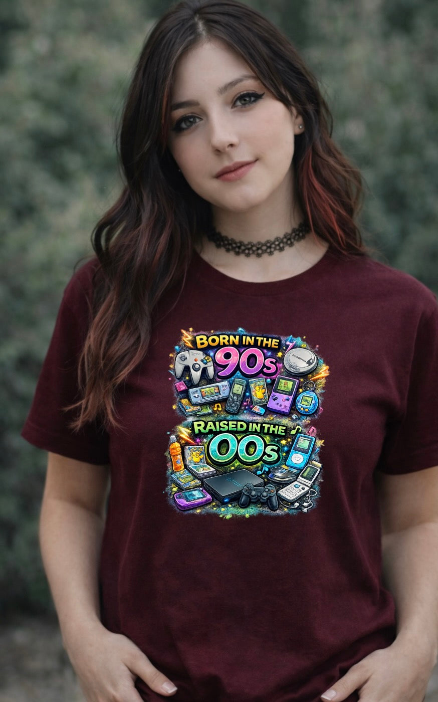 Born in the 90s Raised in the 00s T-Shirt – Retro Gaming Nostalgia Unisex Tee | Millennial Graphic Shirt