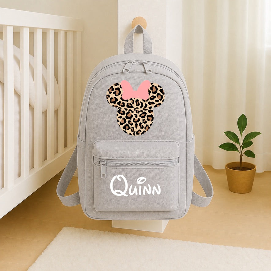 Personalised Minnie leopard print Backpack – Custom Name School Bag | Kids Nursery Backpack | Personalised Children's Rucksack | Travel Bag | Gift for Boys & Girls