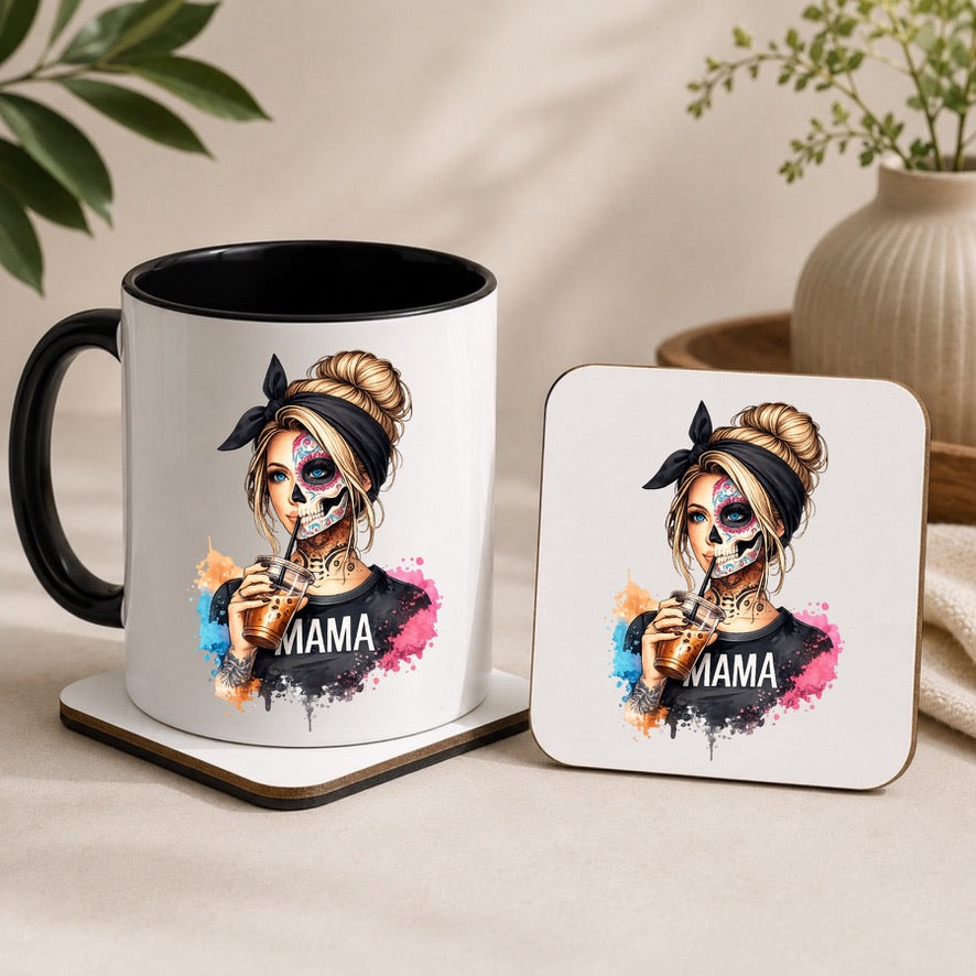 Gothic Mama Mug & Coaster Set | Skull Mama Coffee Mug | Alternative Mum Gift | Tattoo Style Mug | Goth Mother's Day Gift | Iced Coffee Lover
