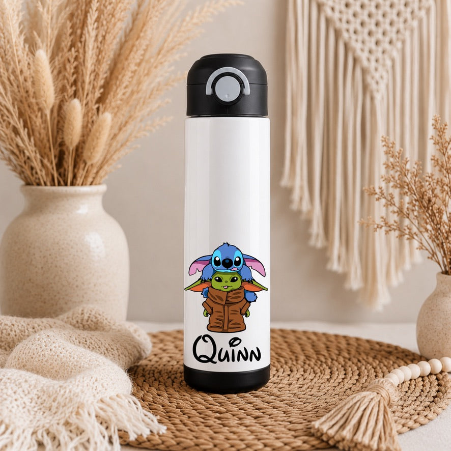 Personalised Stitch & Baby Yoda Water Bottle with Straw Lid | Custom Name Water Bottle | Reusable Drinks Bottle | School Bottle | Gym Bottle | Travel Bottle