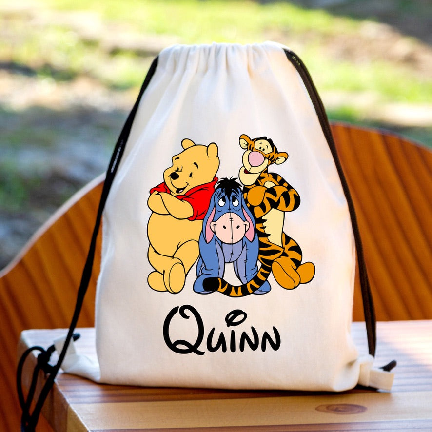 Personalised Winnie The Pooh Gang Drawstring Gym Bag | Custom Name PE Bag | Kids School Sports Bag | Nursery Drawstring Bag | Swimming Bag | Gift for Boys & Girls