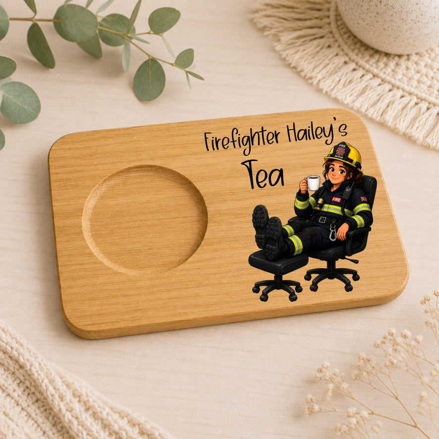 Personalised Female Firefighter Tea & Biscuit Board | Custom Firefighter Gift | Bamboo Tea Board | Firefighter Mug Board | Fire Service Gift | Tea Lover Gift
