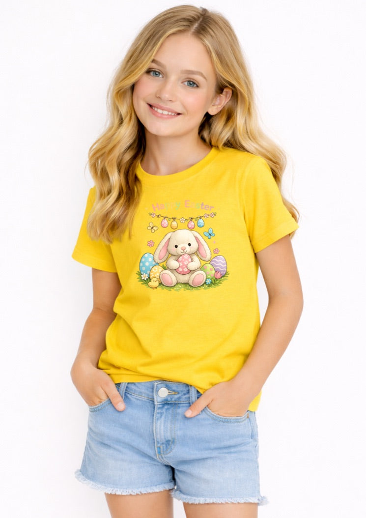 Happy Easter Bunny Kids T-Shirt – Cute Easter Egg Graphic Tee for Girls