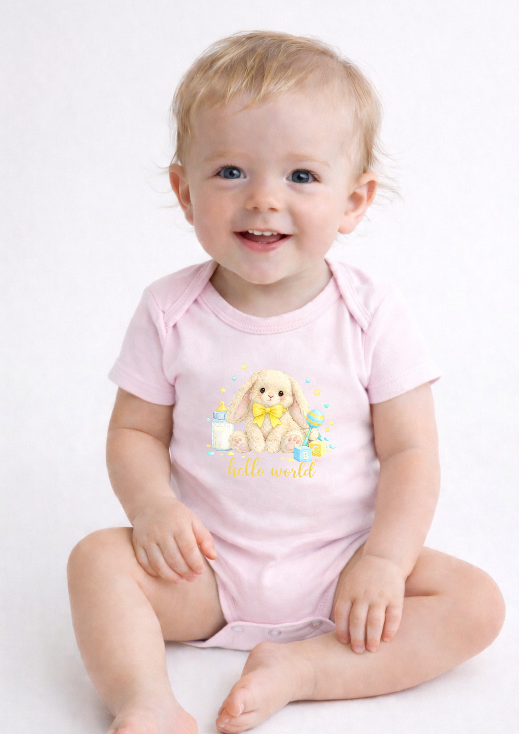Yellow Hello World Bunny Baby Bodysuit – Cute Newborn Announcement Outfit, Soft Neutral Baby Onesie