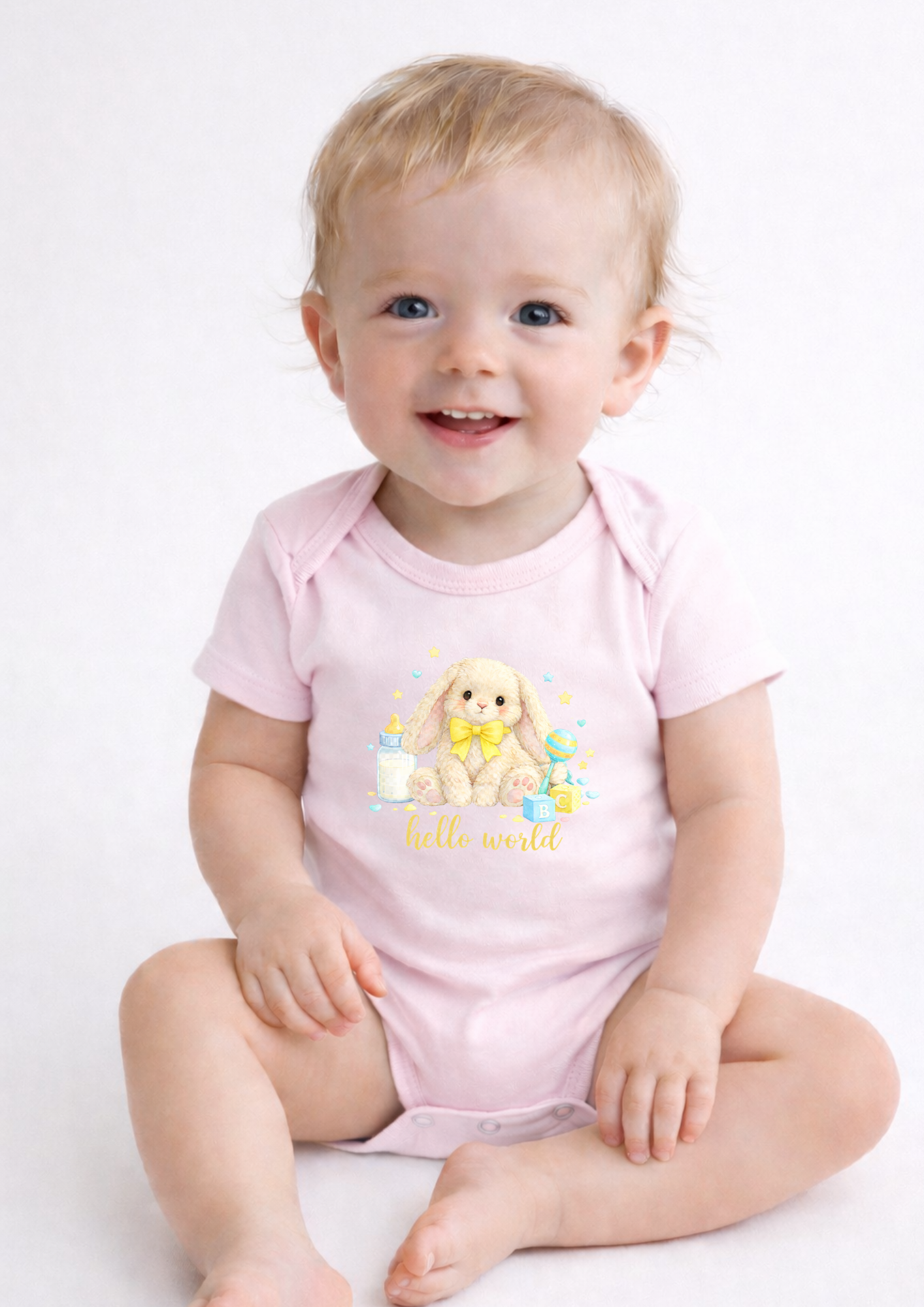 Yellow Hello World Bunny Baby Bodysuit – Cute Newborn Announcement Outfit, Soft Neutral Baby Onesie