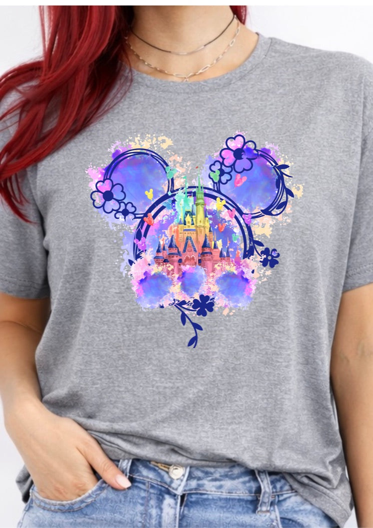Watercolour Castle Mouse Ears Floral T-Shirt – Magical Theme Park Inspired Graphic Tee