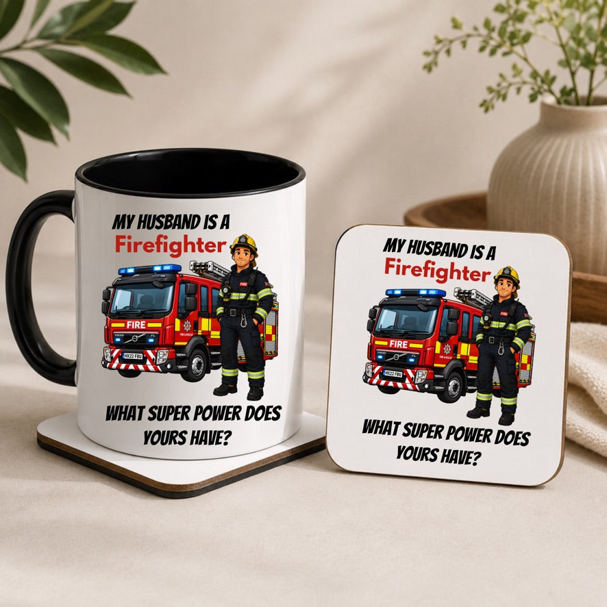 My Husband Is A Firefighter Mug & Coaster Gift Set | Firefighter Wife Gift | Fire Service Mug | Firefighter Family Gift