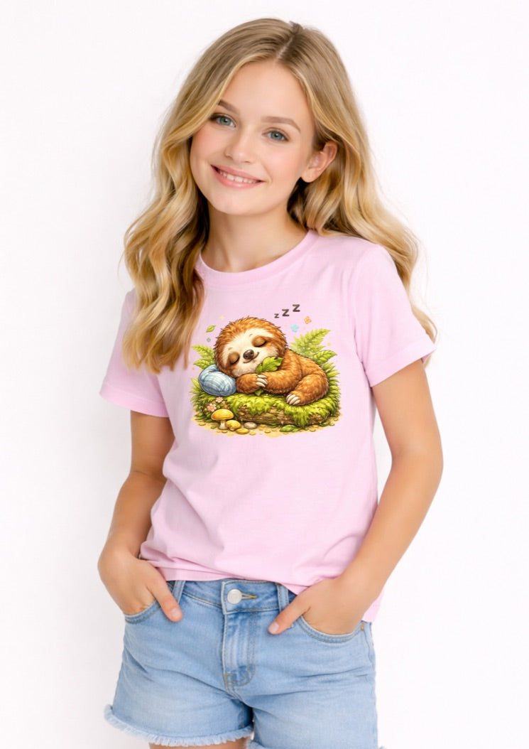 Cute Sleeping Sloth Kids T-Shirt – Adorable Woodland Animal Graphic Tee for Girls