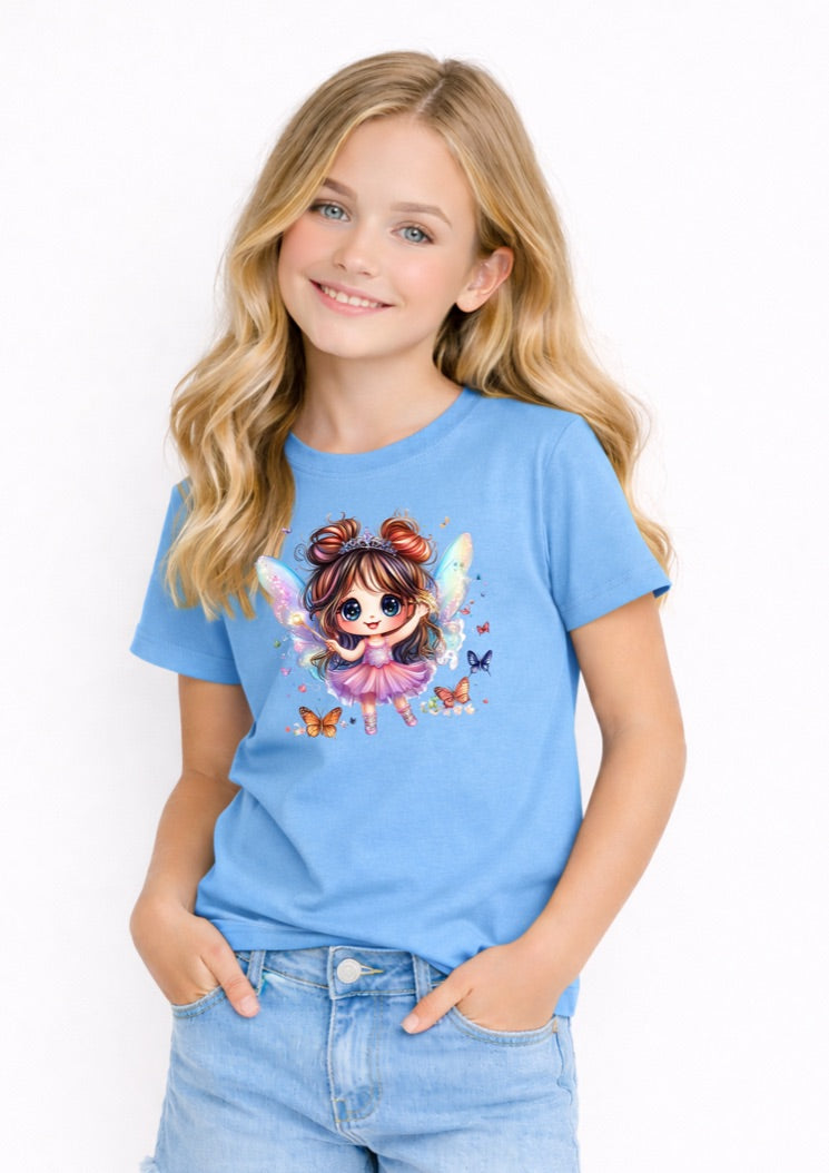 Cute Fairy Girl Kids T-Shirt – Magical Butterfly Fantasy Graphic Tee for Girls