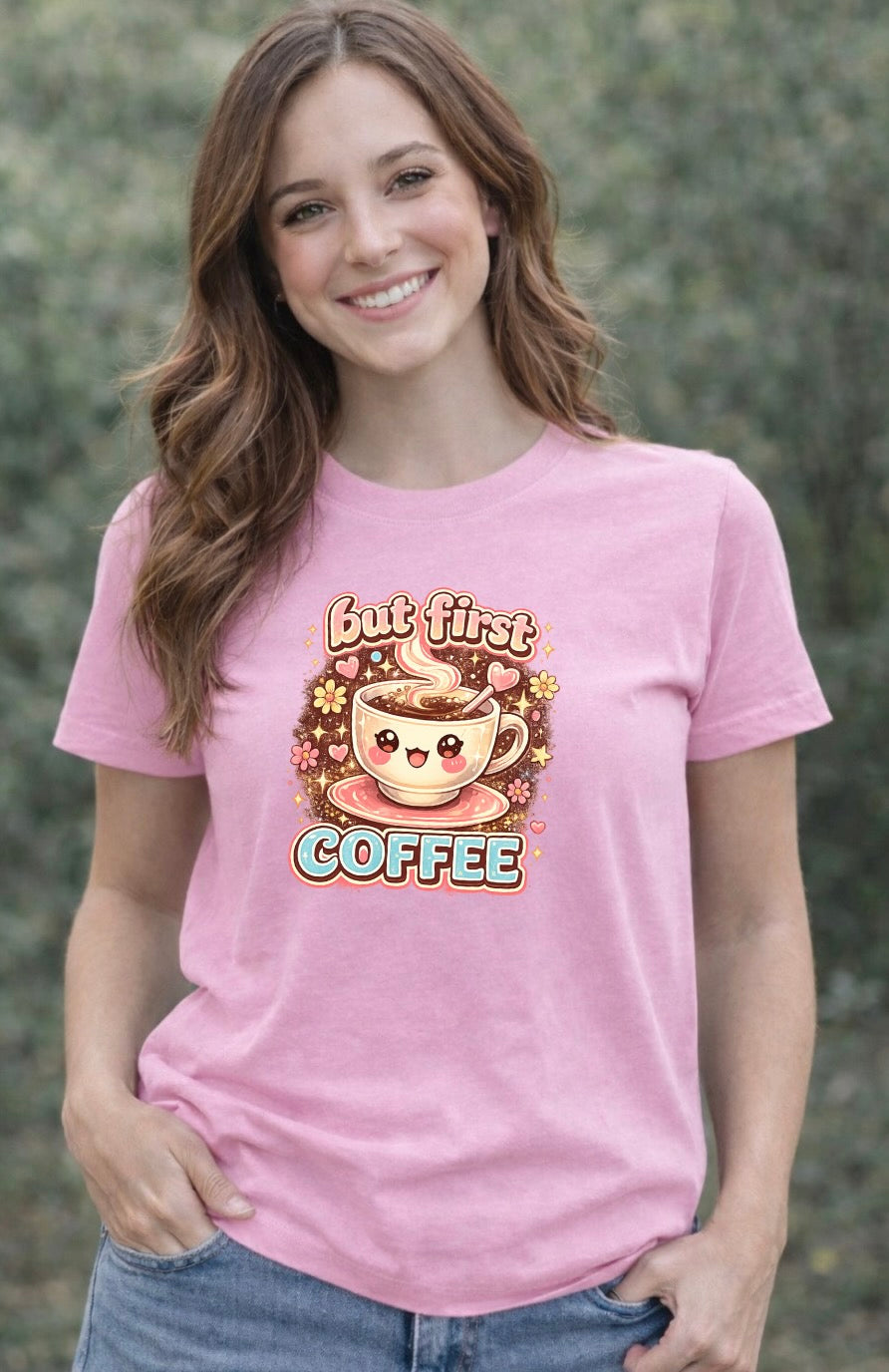 But First Coffee Graphic T-Shirt – Cute Kawaii Coffee Lover Unisex Tee | Funny Café Aesthetic Shirt