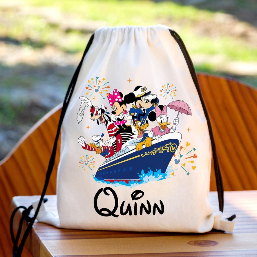 Personalised Mickey Gang Cruise Boat Drawstring Gym Bag | Custom Name PE Bag | Kids School Sports Bag | Nursery Drawstring Bag | Swimming Bag | Gift for Boys & Girls