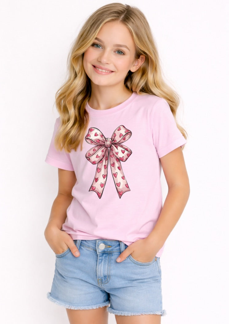 Cute Pink Heart Bow Kids T-Shirt – Girly Coquette Aesthetic Graphic Tee