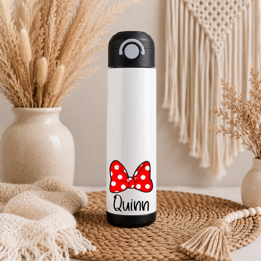 Personalised Minnie Mouse Bow Water Bottle with Straw Lid | Custom Name Water Bottle | Reusable Drinks Bottle | School Bottle | Gym Bottle | Travel Bottle