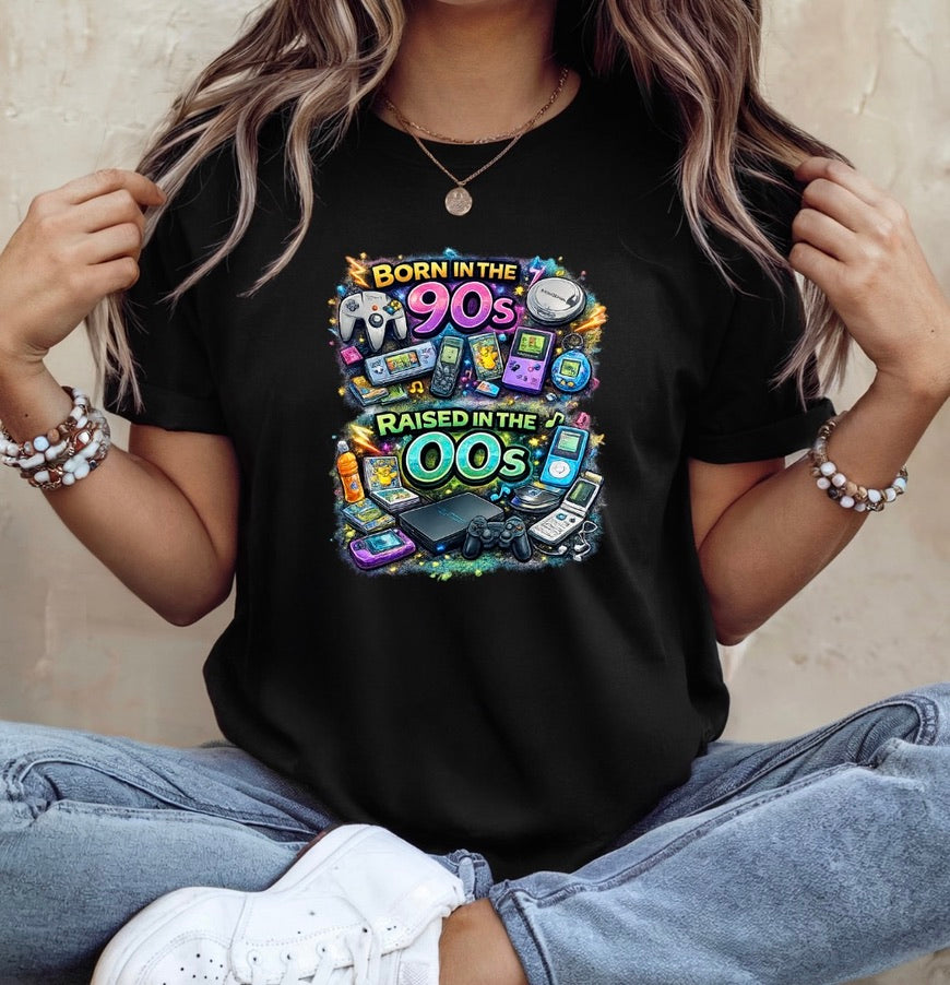 Born in the 90s Raised in the 00s T-Shirt – Retro Gaming Nostalgia Unisex Tee | Millennial Graphic Shirt