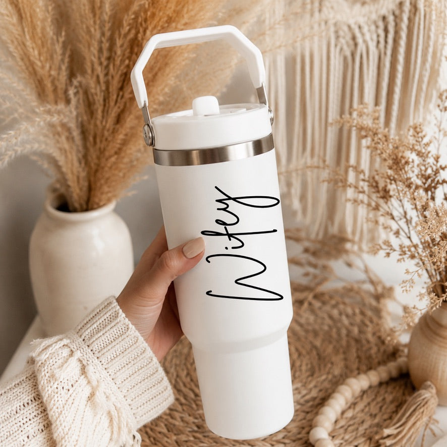 Wifey Travel Tumbler | Bridal Tumbler with Handle | Bride Gift | Wedding Tumbler | Stainless Steel Insulated Cup | Hen Party Gift