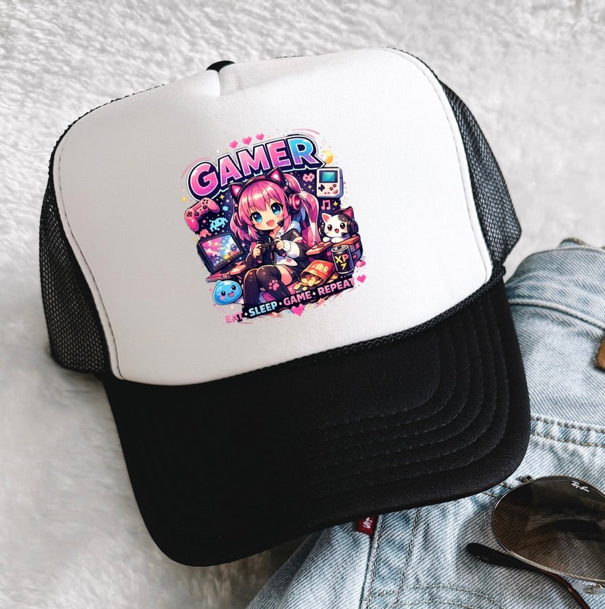 Cute Gamer Girl Trucker Kids Cap | Eat Sleep Game Repeat Cartoon Kids Baseball Hat