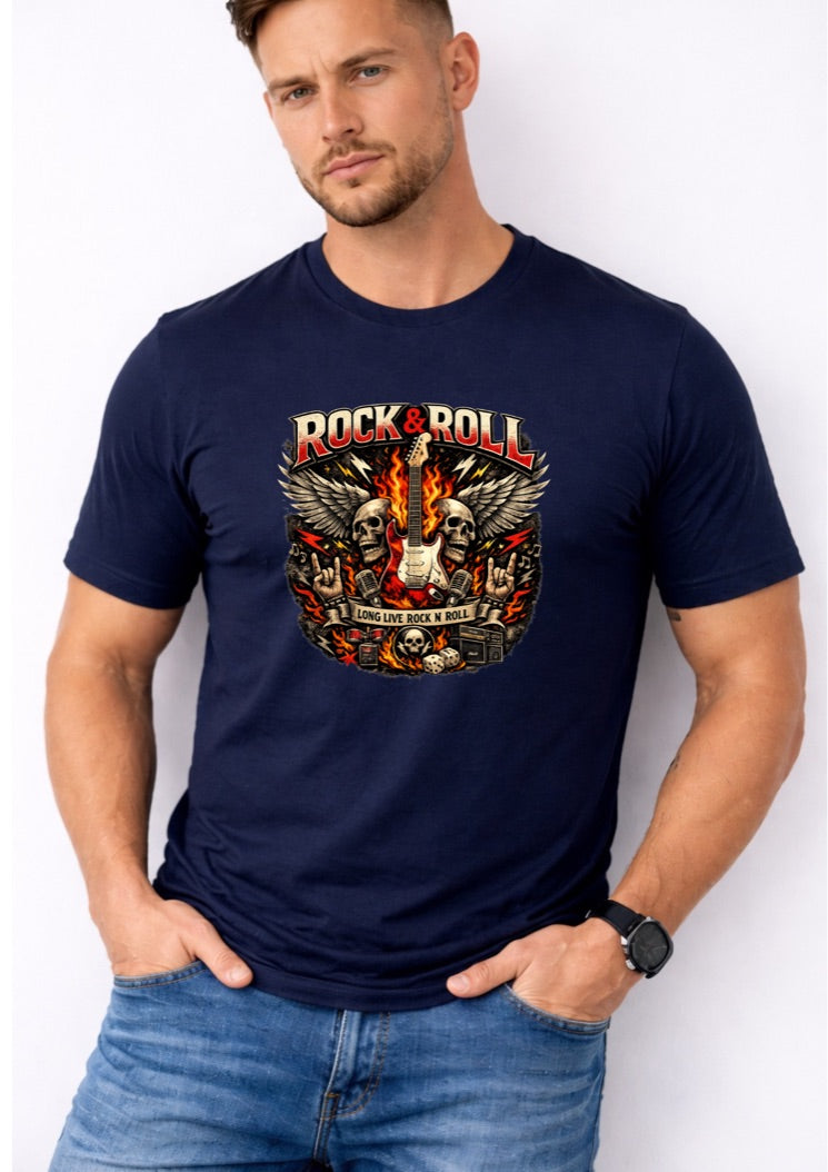 Rock & Roll Skull Graphic T-Shirt – Long Live Rock N Roll Guitar Tee – Vintage Rocker Shirt