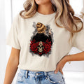 Gothic Skull & Red Roses Graphic T-Shirt – Alternative Peace Sign Girl Unisex Tee -Tattoo-Style Shirt