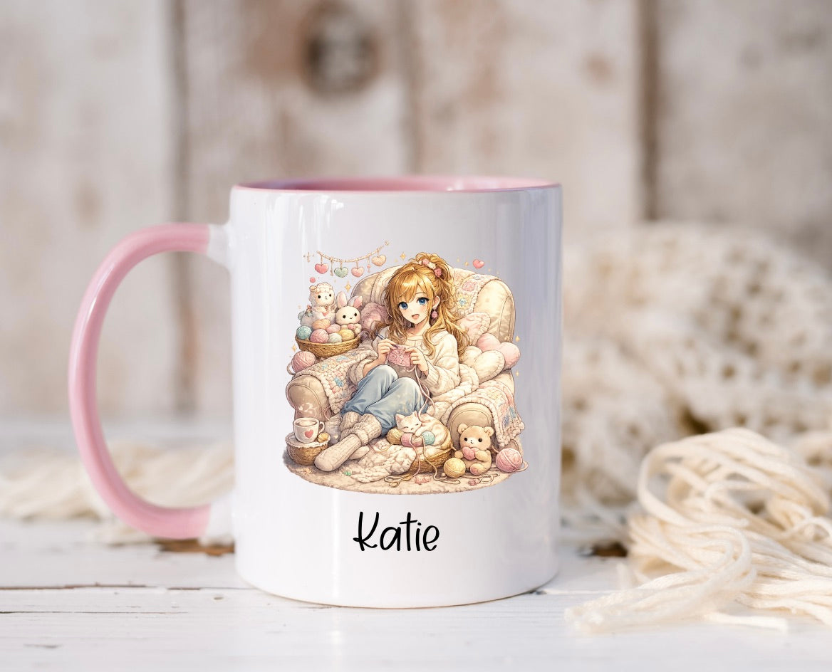 Personalised Knitting Anime Girl Mug | Custom Name Cozy Crochet Coffee Cup