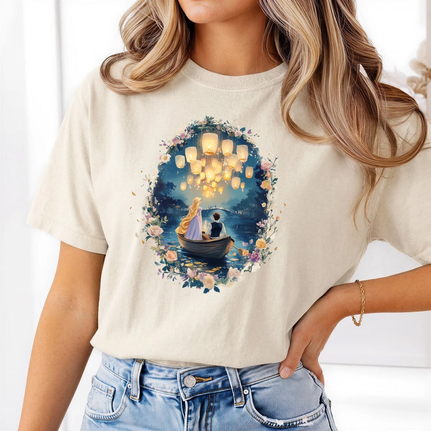 Enchanted Lantern Boat Fairytale T-Shirt – Romantic Floating Lights Graphic Tee