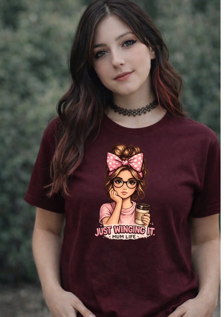 Just Winging It Mum Life T-Shirt – Funny Mom Graphic Tee – Cute Coffee Lover Shirt for Moms – Motherhood Gift
