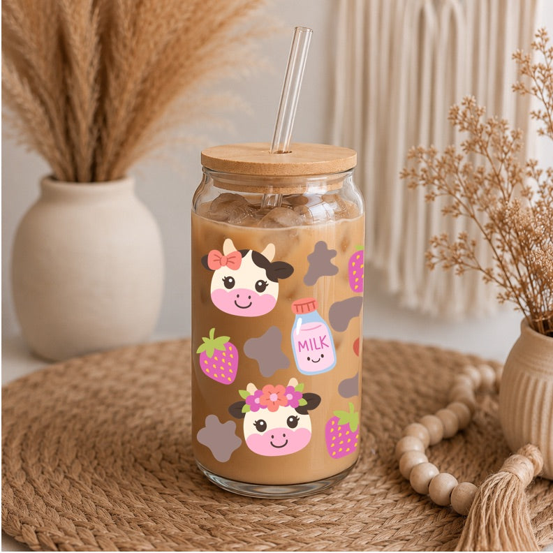 Cute Highland Cow Libbey Glass | 16oz Highland Cow Iced Coffee Glass | Strawberry Cow Glass Can | Bamboo Lid & Glass Straw