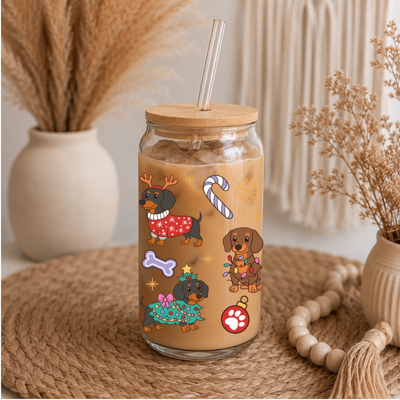 Christmas Dachshund Libbey Glass | 16oz Sausage Dog Iced Coffee Glass | Cute Doxie Christmas Glass Can | Bamboo Lid & Glass Straw