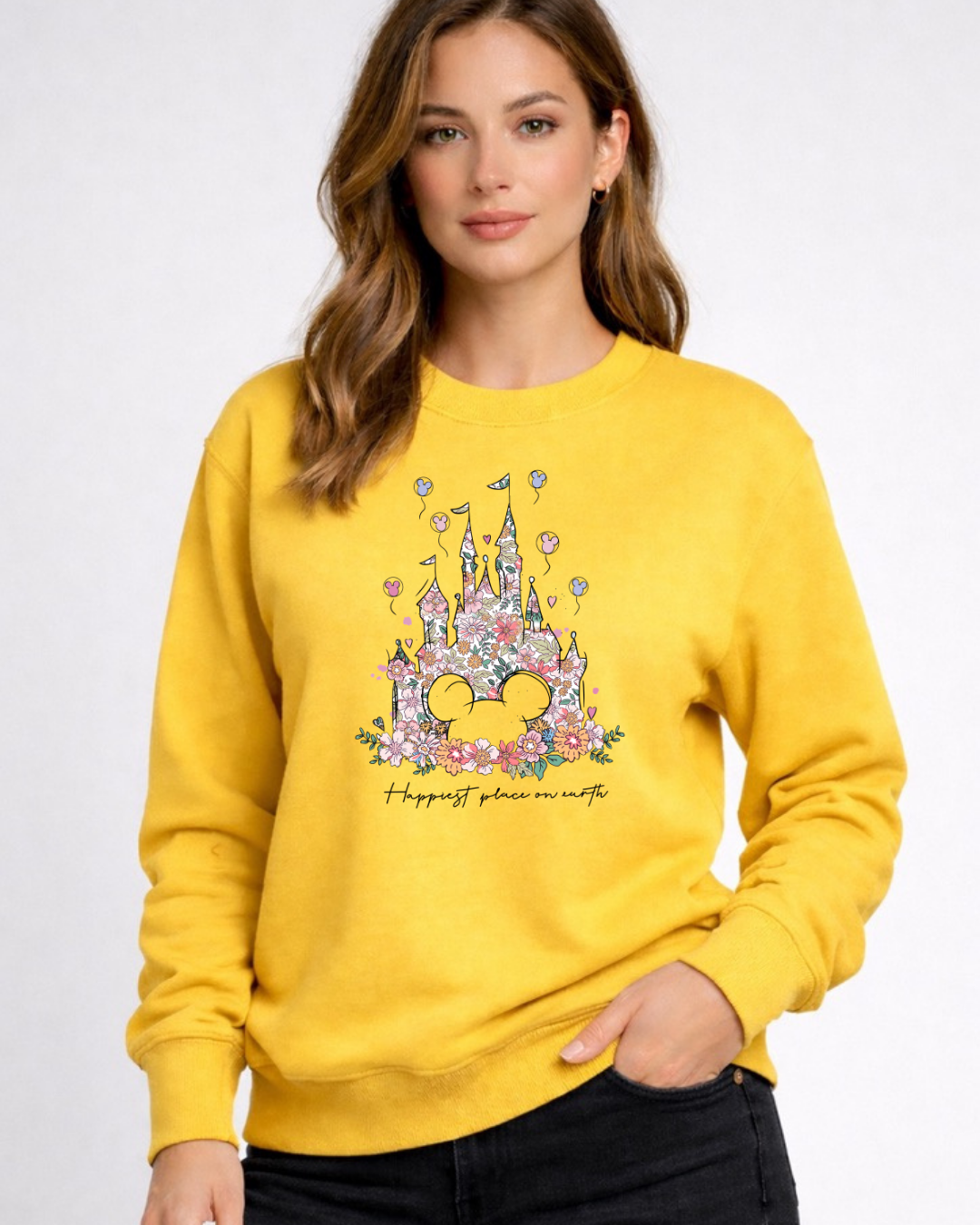 Flower Castle Happiest Place On Earth Disney Sweatshirt – Cozy Graphic Crewneck, Unisex Disney Style Jumper