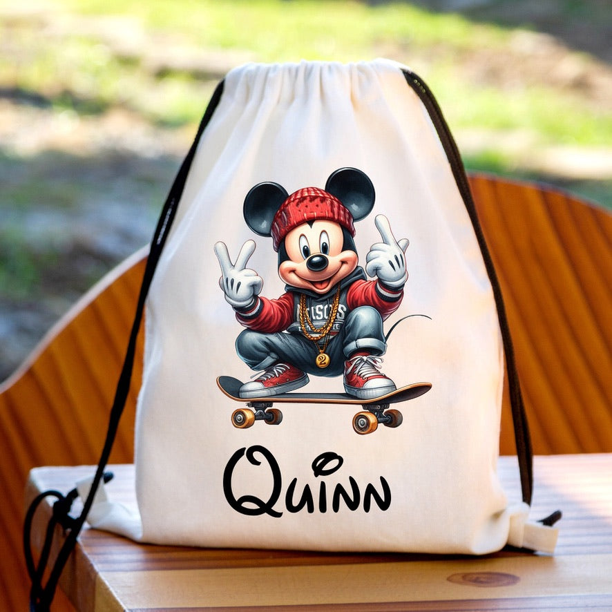 Personalised Mickey Skateboard Drawstring Gym Bag | Custom Name PE Bag | Kids School Sports Bag | Nursery Drawstring Bag | Swimming Bag | Gift for Boys & Girls