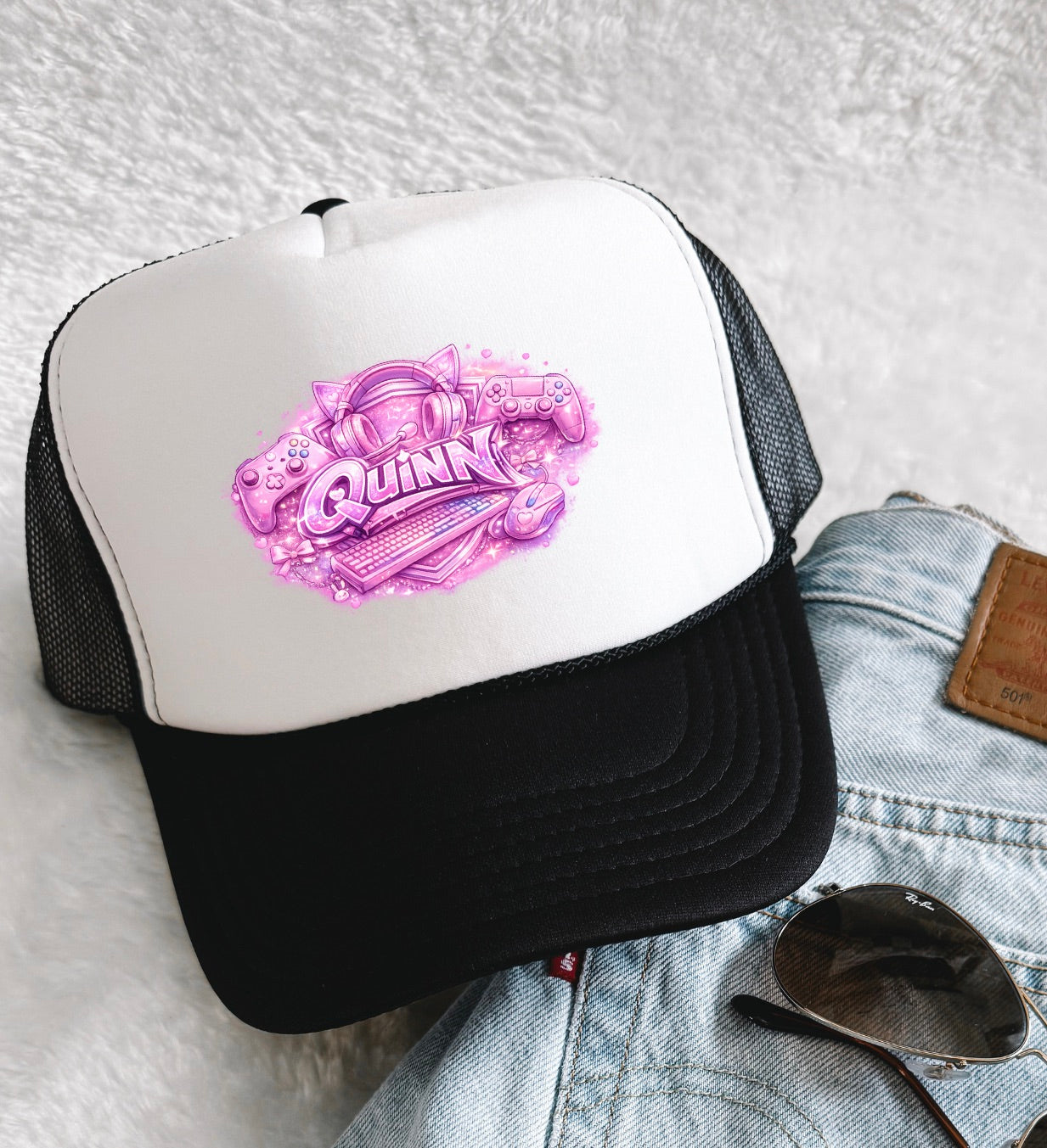 Personalised Pink Kids Gamer Trucker Cap | Custom Name Gaming Baseball Hat