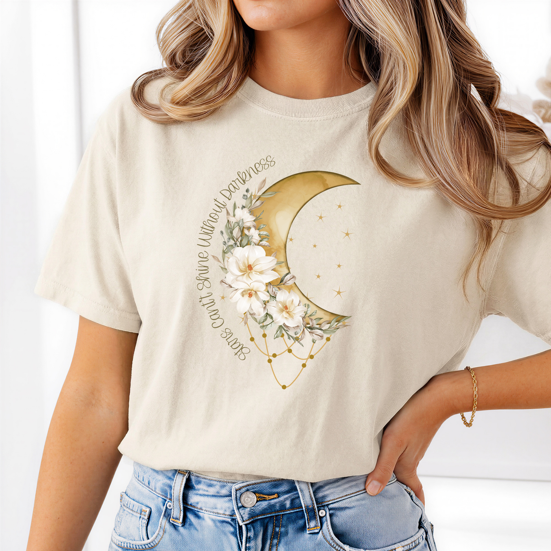 Stars Can't Shine Without Darkness Floral Moon T-Shirt | Inspirational Boho Graphic Tee | Motivational Women's Shirt | Celestial Floral Top