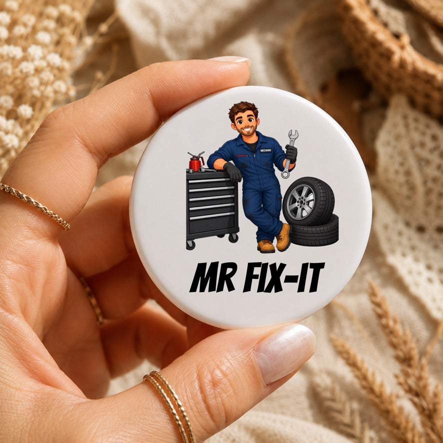 Mr Fix-It Mechanic Badge | Mechanic Pin Badge | Car Mechanic Gift | Garage Technician Button Badge | Tradesman Gift | Handyman Badge