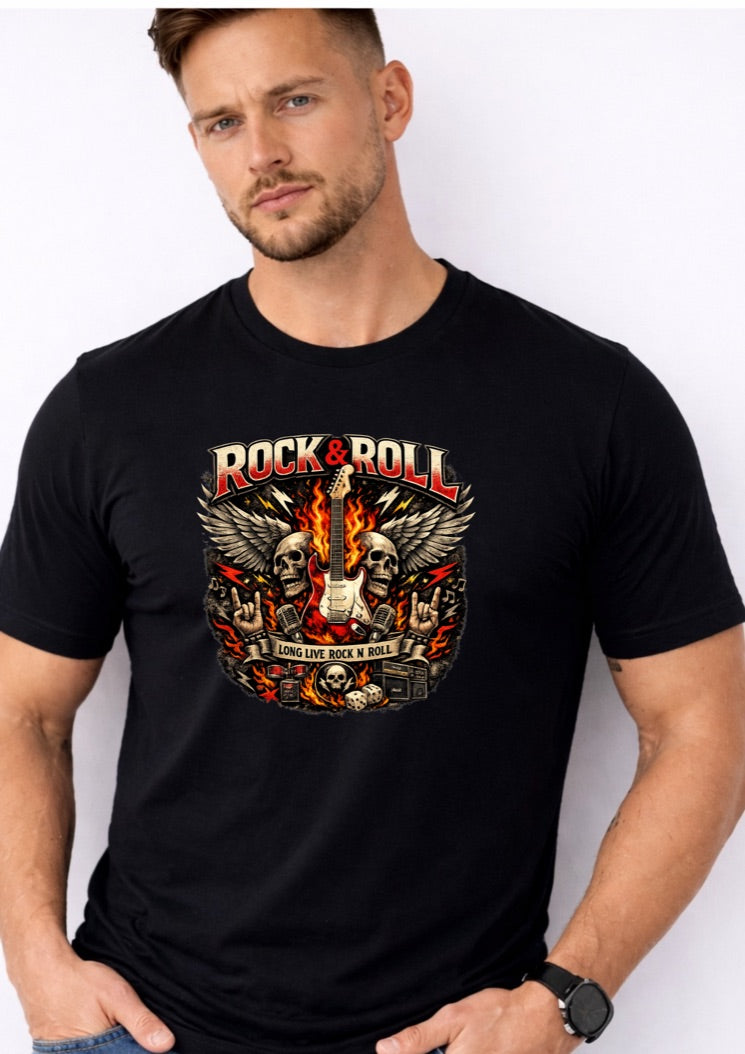 Rock & Roll Skull Graphic T-Shirt – Long Live Rock N Roll Guitar Tee – Vintage Rocker Shirt