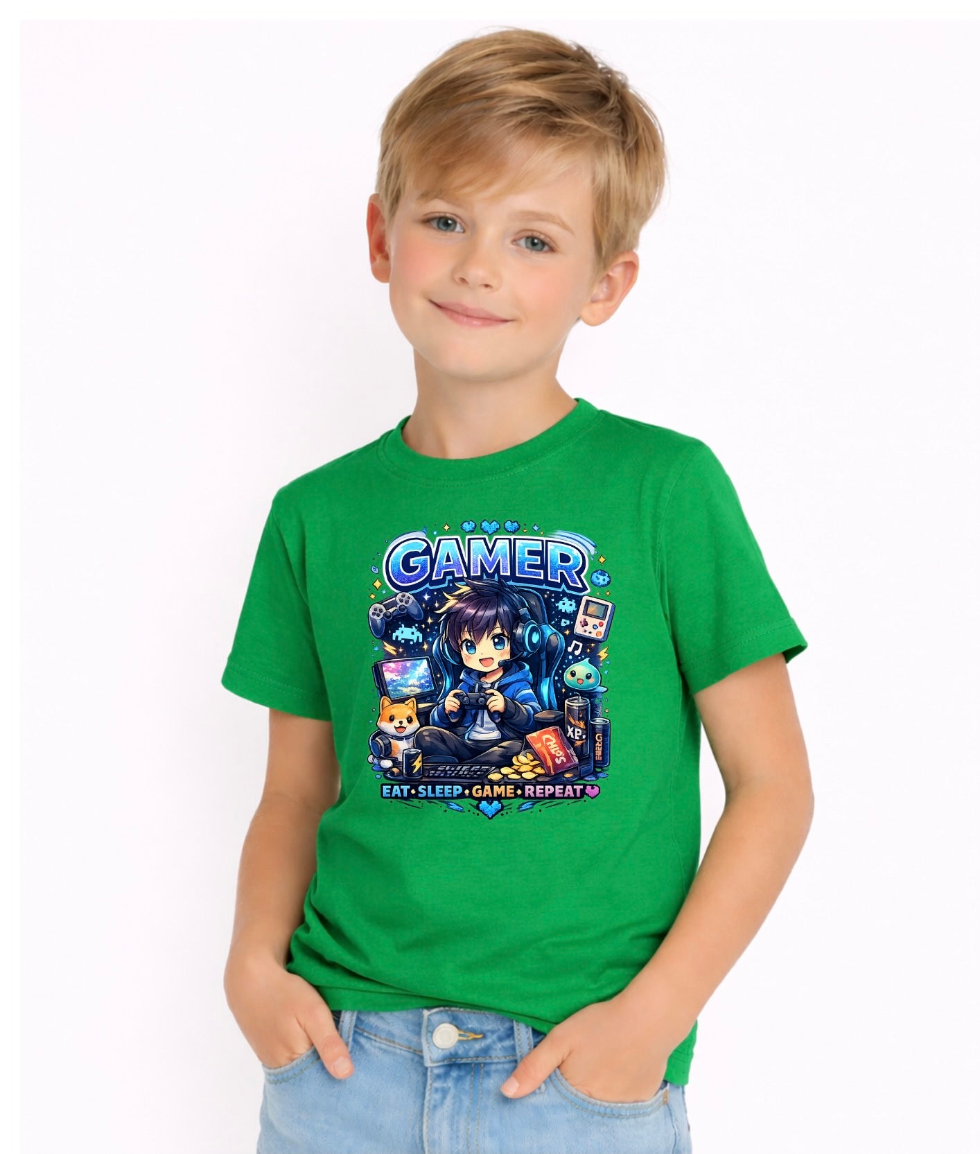 Kids Gamer T-Shirt – Eat Sleep Game Repeat Graphic Tee | Youth Gaming Shirt