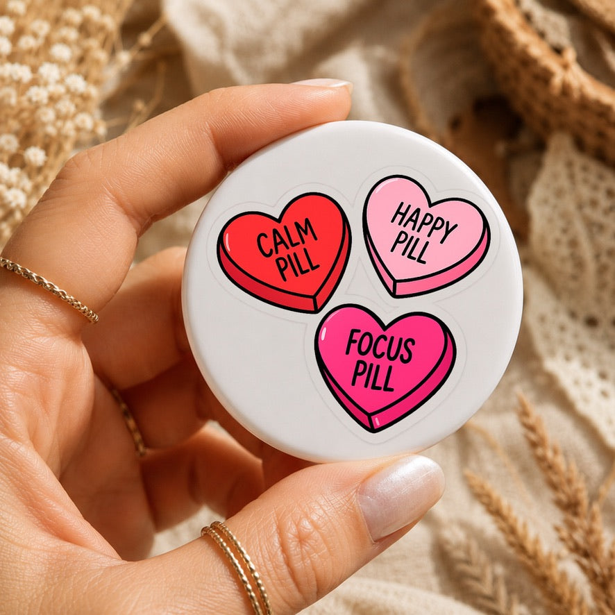 Calm Pill, Happy Pill & Focus Pill Badge | Funny Mental Health Pin Badge | Heart Candy Button Badge | ADHD & Neurodiversity Gift