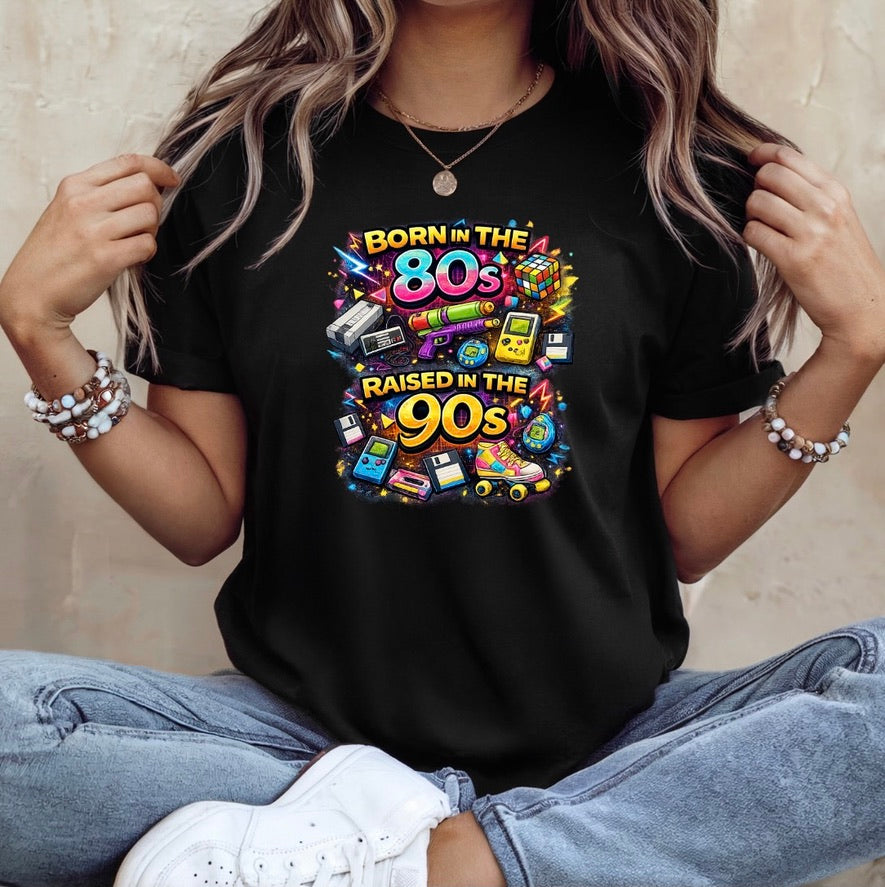 Born in the 80s Raised in the 90s T-Shirt – Retro 80s 90s Nostalgia Unisex Tee | Vintage Childhood Graphic Shirt