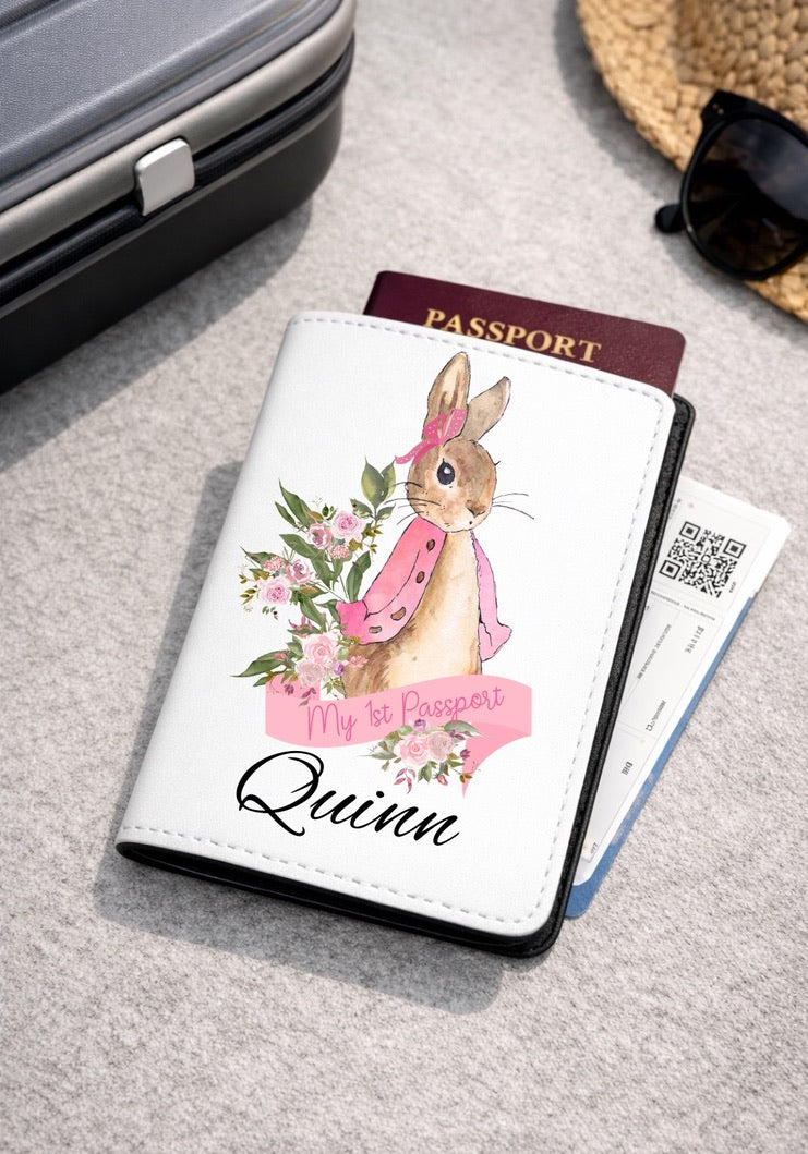 Personalised My 1st Passport Cover – Floral Bunny | Baby Passport Holder | First Holiday Gift | Custom Child Passport Cover | Travel Keepsake