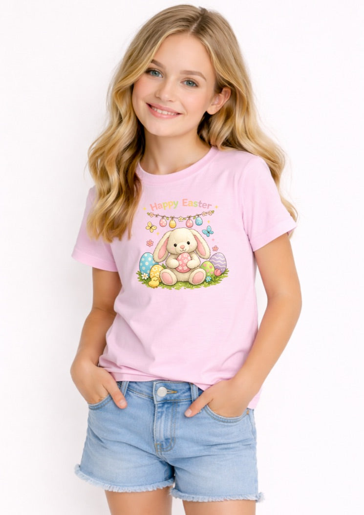 Happy Easter Bunny Kids T-Shirt – Cute Easter Egg Graphic Tee for Girls