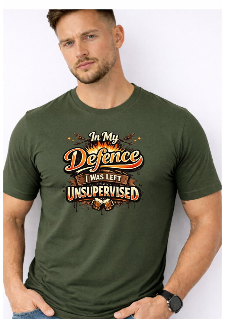 In My Defence I Was Left Unsupervised T-Shirt – Funny Drinking Shirt for Men – Humorous Party Graphic Tee – Beer Lover Gift