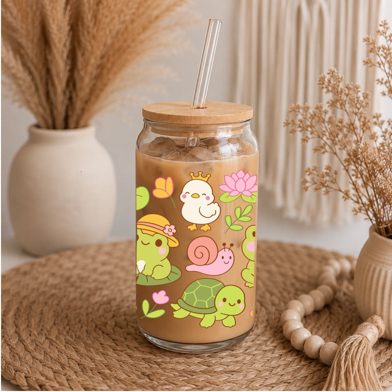 Cute Woodland Animals Libbey Glass | 16oz Iced Coffee Glass | Frog Turtle Snail Glass Can | Kawaii Nature Cup | Bamboo Lid & Glass Straw